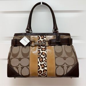 Coach Hamptons Signature Carryall Brown Leather Leopard Print Stripe Vintage NWT